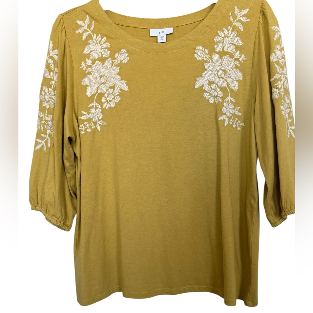 J. Jill Women’s Sz SP Floral Embroidered Mustard Yellow Knit Top NWT